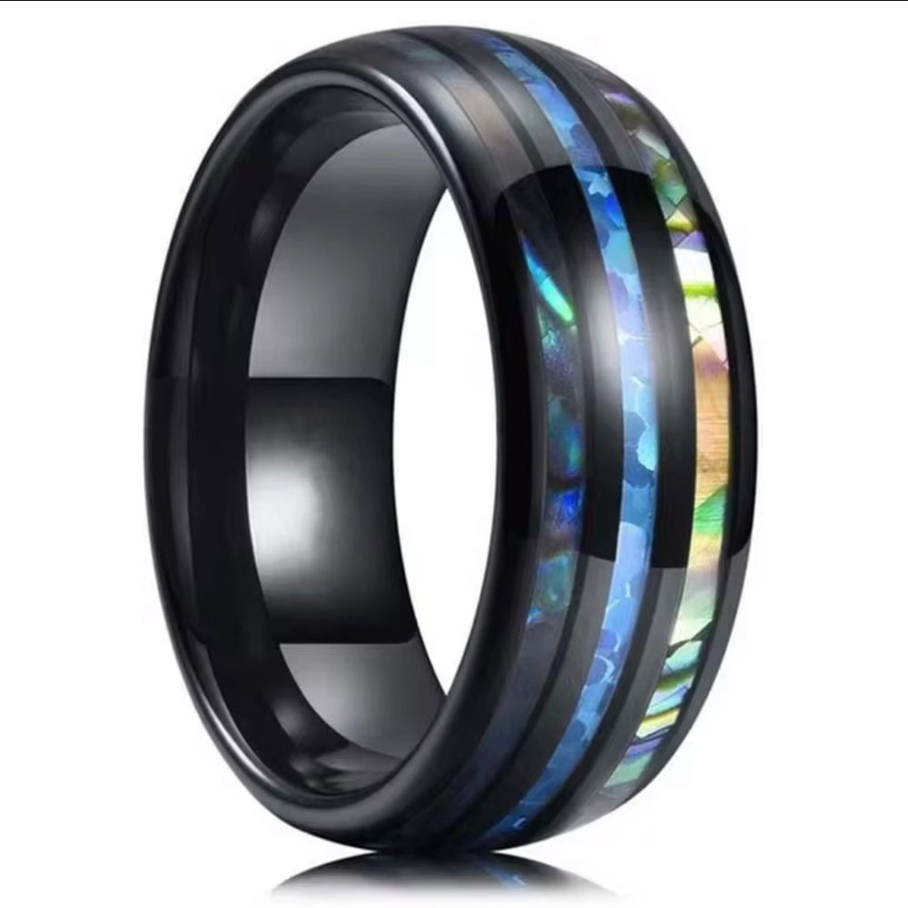 Hawaiian 8mm Wood Ring Blue Vintage Opal Stone Double Abalone